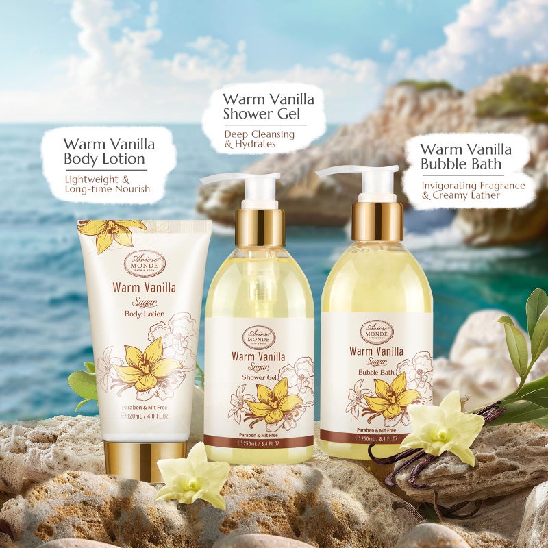 ArioseMonde Bath and Body Warm Vanilla Sugar Spa Gifts for Women, with Shower Gel, Bubble Bath, Body Lotion, Bath Bomb, Bath Salt, Spa Basket Gift Set for Women, 7pcs Set Gifts - Image 4